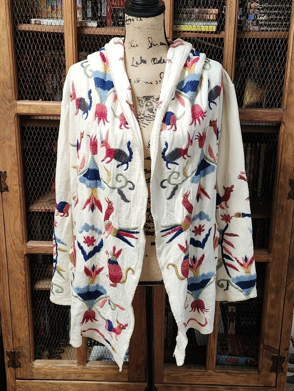 Biya Johnny Was Embroidered Hooded Drape Cardigan Sweater Jacket Sz XL